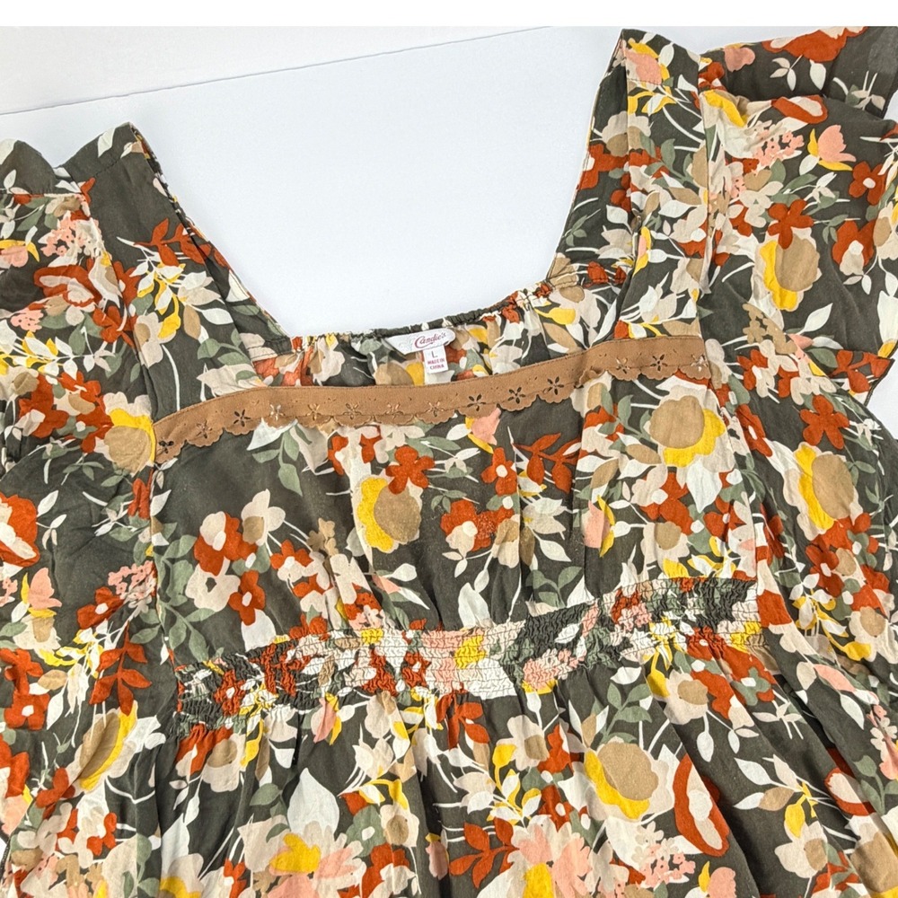 Y2K BOHO Large Floral Square Neck Smocked Waist Flutter FESTIVAL Women Top